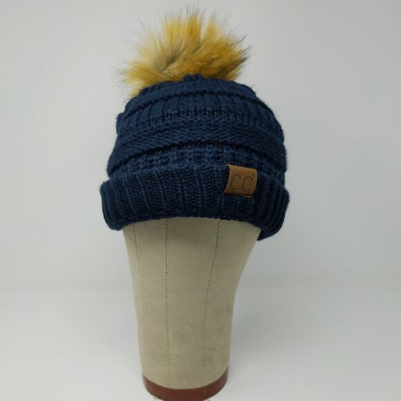 C.C. Women's Cable Knit Beanie Hat Blue Pom Pom Soft Warm 100% Acrylic - Picture 12 of 13